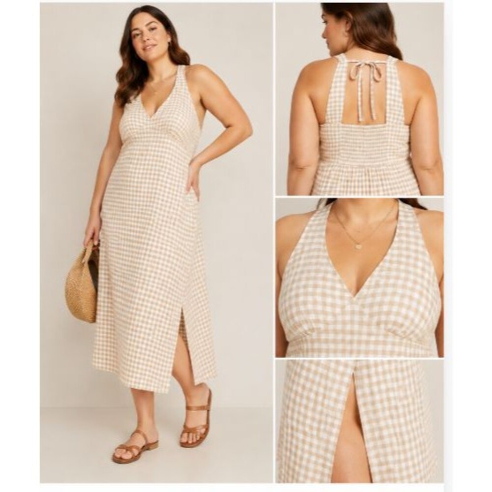 Old Navy 2X Beige Gingham Linen Blend Midi Dress Cottagecore Tie Back New